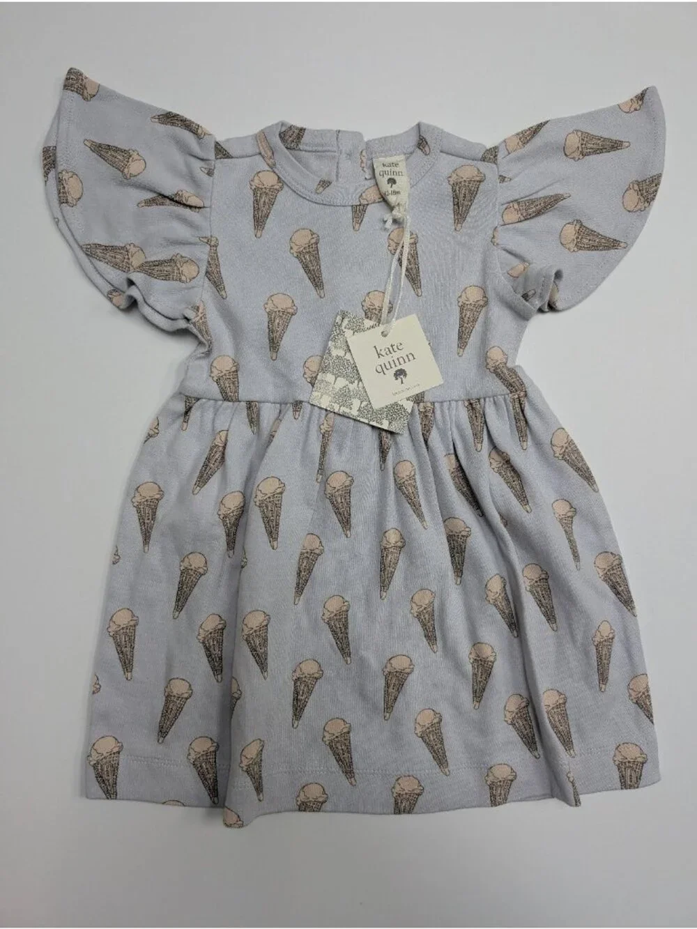 Kate Quinn Organic Cotton Flutter Sleeve Dress 12-18 Ice Cream Cone Blue Cones